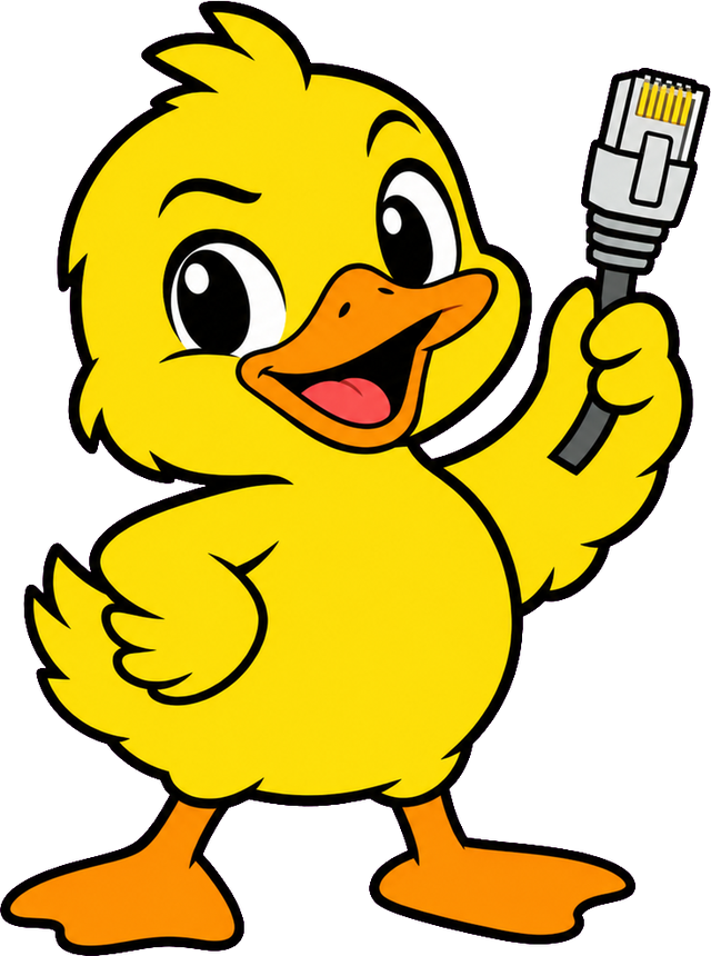 DevDuck, a cartoon yellow duck proudly holding up a network cable plug